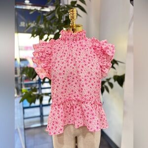 Smocked Ruffle Floral Peplum Top - Pink